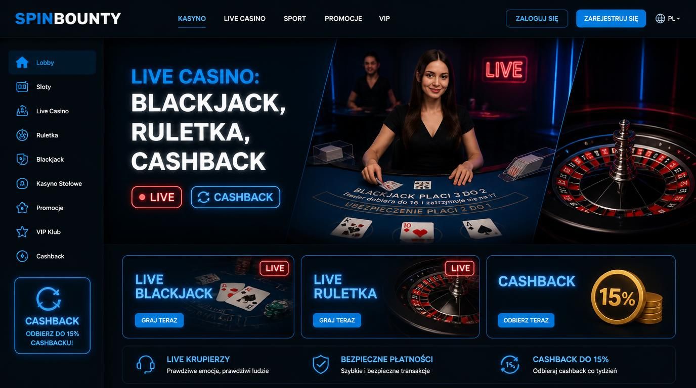 Gracze przy stole blackjacka i ruletki z oznaczeniem Live Casino oraz oferta cashback