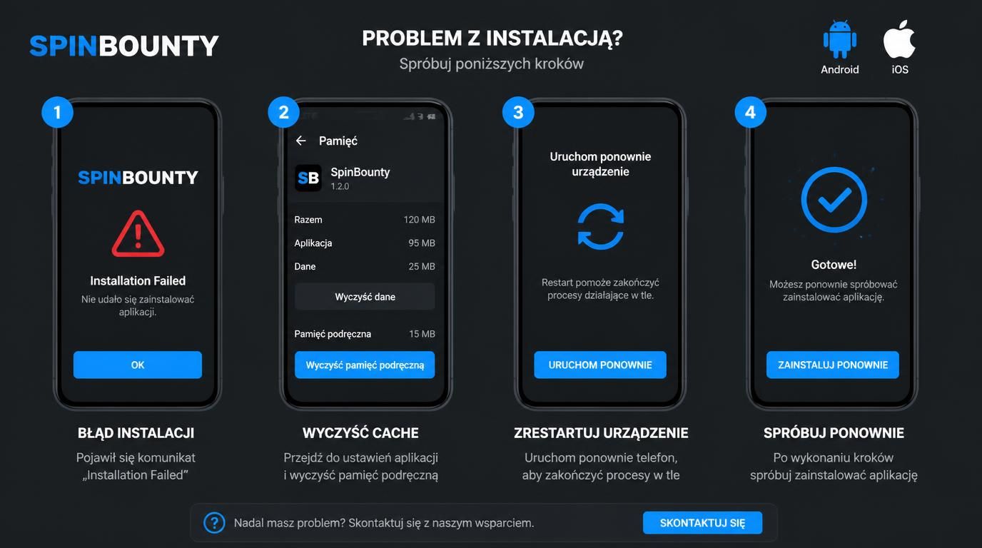 Ekran smartfona z komunikatem o nieudanej instalacji aplikacji SpinBounty