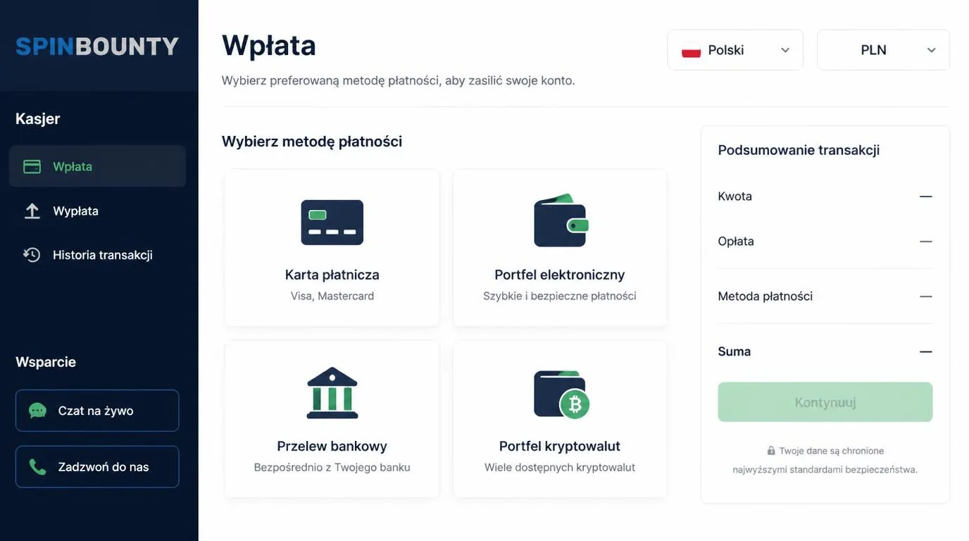 Panel kasy z wyborem języka polskiego, waluty PLN i ikonami kontaktu przez czat oraz telefon
