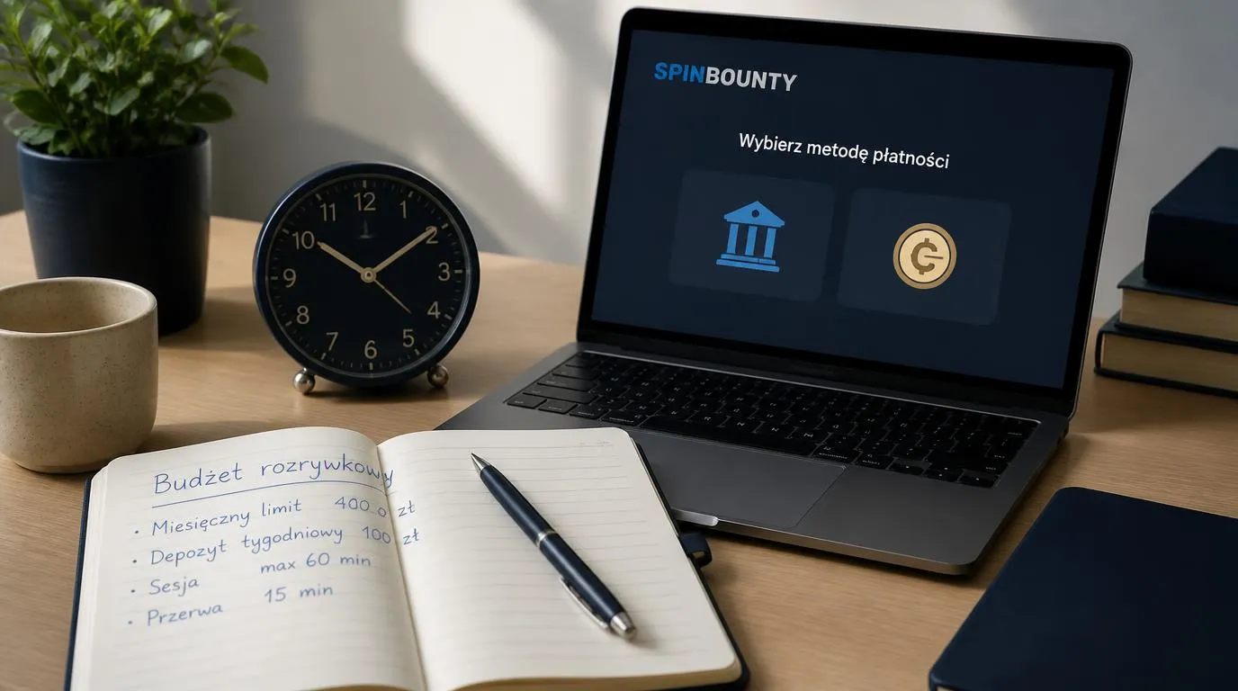 Notatnik z budżetem na rozrywkę obok zegara i laptopa z neutralnym ekranem wyboru płatności