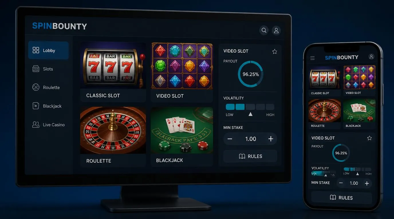 Lobby kasynowe z kategoriami automatów, ruletki i blackjacka oraz panelem parametrów gry