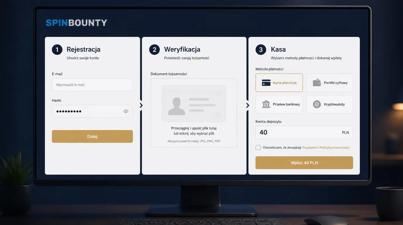 Ekrany rejestracji, weryfikacji tożsamości i kasy z wyborem metody wpłaty