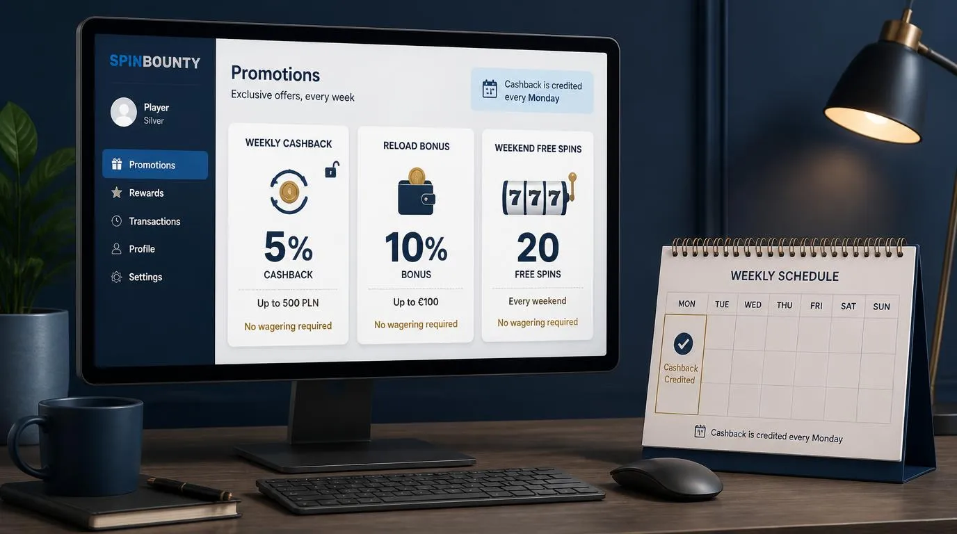 Panel promocji kasyna z kartą cashbacku, bonusem od depozytu i darmowymi spinami przy kalendarzu tygodniowym
